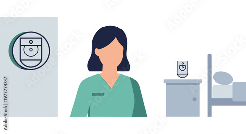 Nurse with medical device near patient in hospital bed, healthcare technology concept