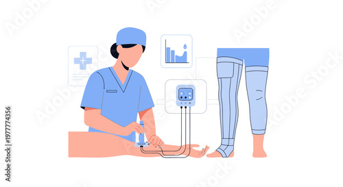 Nurse checks patient's vital signs with medical equipment, leg prosthesis illustration