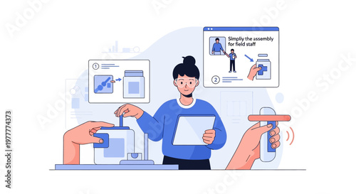 Online tutorial for product assembly, woman with tablet guiding process