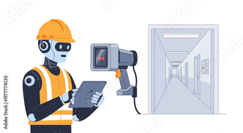 Robot inspector with tablet and thermal camera in hallway, AI technology, safety inspection