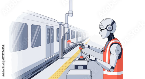 Robot worker operates train doors on platform, futuristic automation in public transport