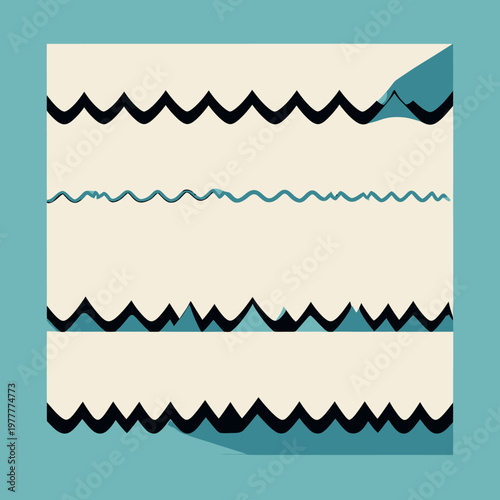 抽象的なジグザグと波線のパターンが描かれた、モダンでミニマルなグラフィックデザインの背景素材。クリーム色のベースに黒と青のラインが映える、スタイリッシュでレトロな雰囲気のベクターイラストレーションです。
