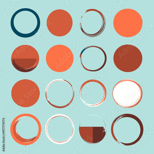 ミントグリーンの背景にテラコッタやオレンジ、ダークブルーなどの色彩で描かれた抽象的な円のグラフィック素材セットです。手書き風の筆致や塗りつぶされた円がグリッド状に並び、モダンでミニマルなデザインや装飾、背景パターンとして多目的に活用できます。