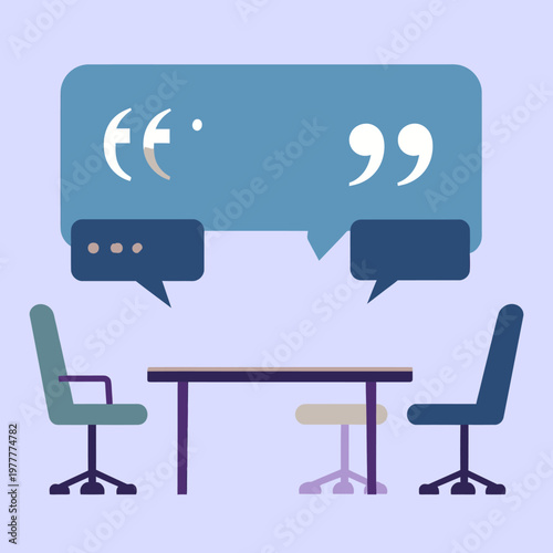会議室のテーブルと椅子の上に大きな吹き出しと引用符が配置された、ビジネスシーンでの対話やインタビュー、意見交換やフィードバックのプロセスを象徴的に表現したモダンでフラットなデザインのベクターイラスト。