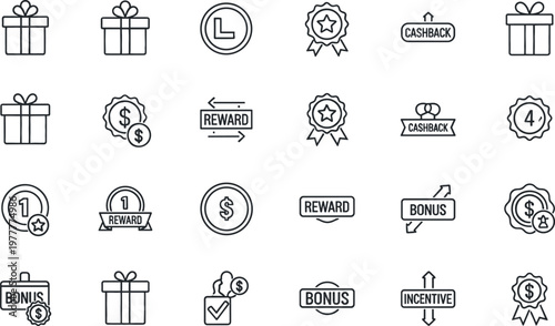 Set of Reward and Loyalty Program Icons Featuring Cashback, Bonus, Incentives, Discounts, and Gift Rewards for Marketing and E-commerce