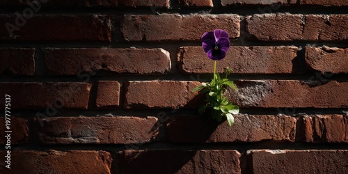 A vibrant purple flower blossoms from the cracks of a weathered red brick wall