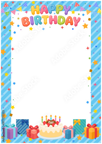 誕生日フレーム縦型（青い枠） HAPPY BIRTHDAY文字とケーキ プレゼン