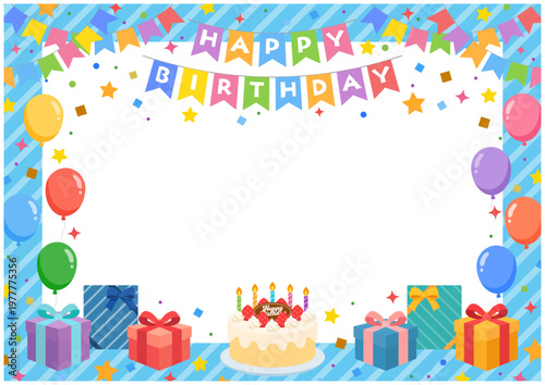 誕生日フレーム横長（青い枠） ガーランドと風船 ケーキのパーティーバナー	

