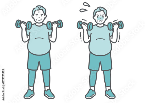 ダンベルトレーニングをするぽっちゃり体型のシニア男性の比較セットイラスト
