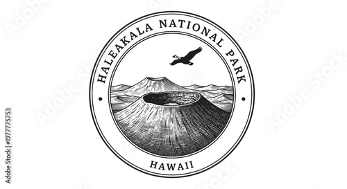 Haleakala National Park Hawaii Vintage Emblem with Volcano Crater and Bird