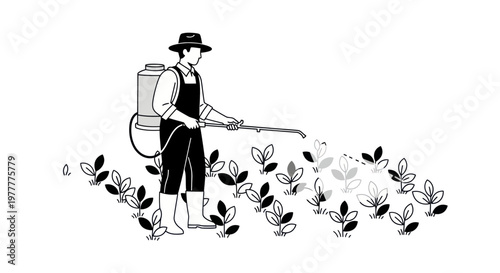 Farmer spraying crops with pesticide, agricultural work, pest control, healthy plants