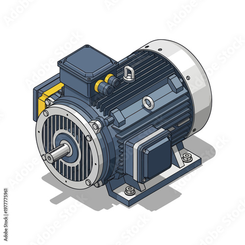 Industrial Electric Motor with Cooling Fan and Mounting Base.