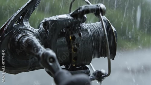 Close-up of a fishing reel, glistening with raindrops, amidst a blurred, rainy backdrop