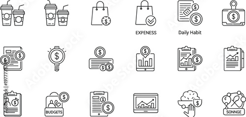 Set of Personal Finance and Expense Tracking Icons Featuring Budgeting, Daily Habits, Spending Analysis, and Financial Management Tools