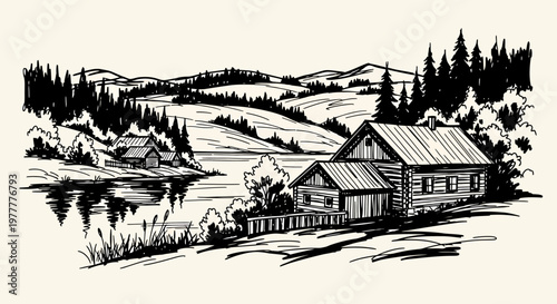 Ink sketch vector illustration of a serene cabin landscape with trees and hills