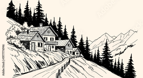 Ink sketch vector illustration of houses on a hillside road surrounded by trees and mountains.
