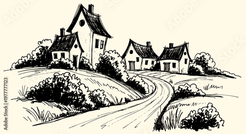 Ink sketch vector illustration of houses on a winding road in a rural landscape
