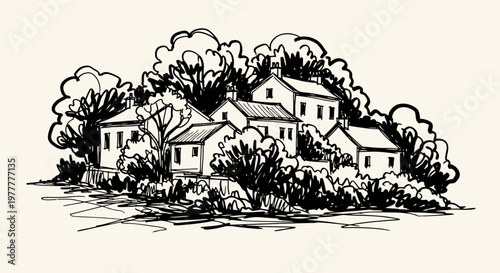Ink sketch vector illustration of a serene village landscape with houses and trees.