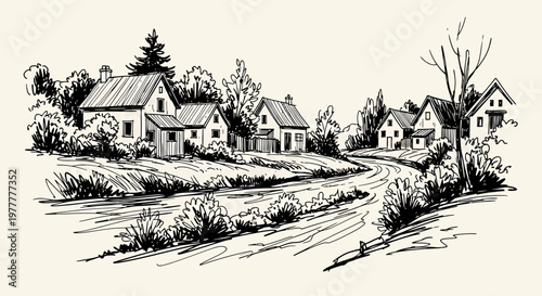 Ink sketch vector illustration of houses along a winding road in a rural landscape