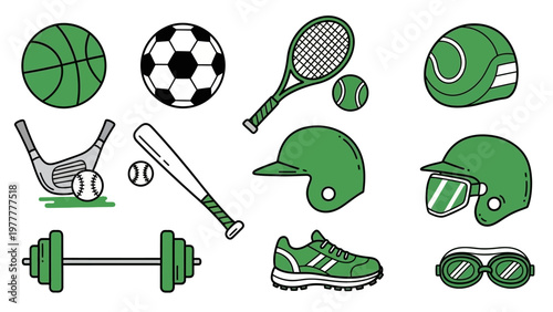 Collection of Green Sports Equipment and Apparel for Various Games.