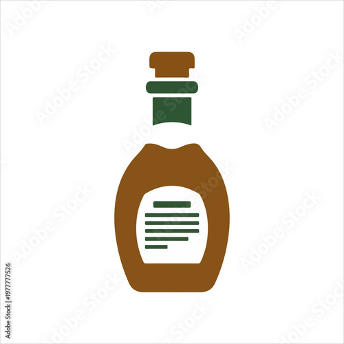 Stylized brown bottle with green cap and white label.