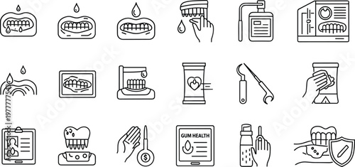 Set of Line Icons Representing Oral Health, Gum Care, Tooth Cleaning, Dental Tools, and Dental Hygiene for Preventive Oral Care