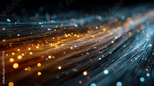 Abstract Digital Technology Background with Floating Blue and Orange Light Bokeh