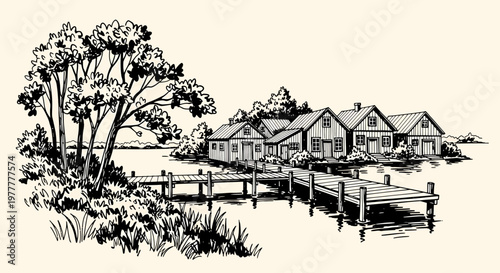 Ink sketch vector illustration of houses by a serene lake dock with trees