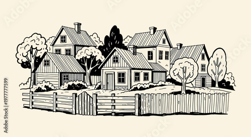 An ink sketch vector illustration of houses and trees behind a wooden fence in a suburban neighborhood scene.