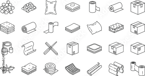 Set of Line Icons Representing Packaging Materials, Wrapping, Cushions, and Boxes for Product Protection and Shipping