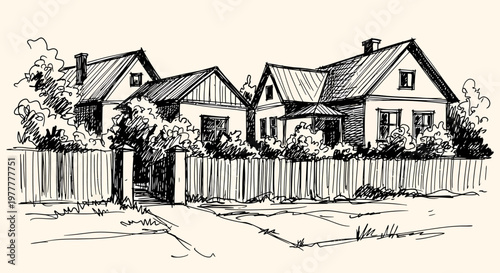 An ink sketch vector illustration of houses behind a wooden fence with trees and bushes.
