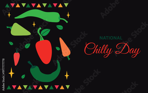 National Chilly Day greeting card and banner in flat hand-drawn style. Vector background with colorful chili peppers, leaves and geometric patterns for spicy food festival, mexican restaurant promotio