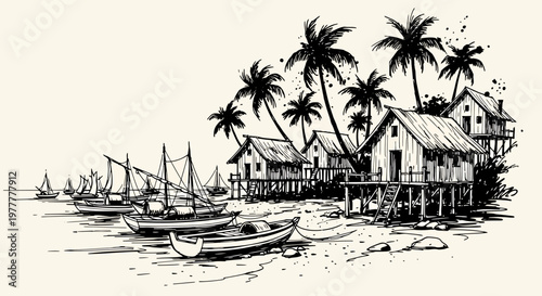 Ink sketch vector illustration of a serene tropical coastal village with stilt houses, boats, and palm trees.