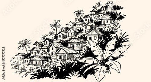 Ink sketch vector illustration of a tropical village on a hillside with lush foliage and palm trees.