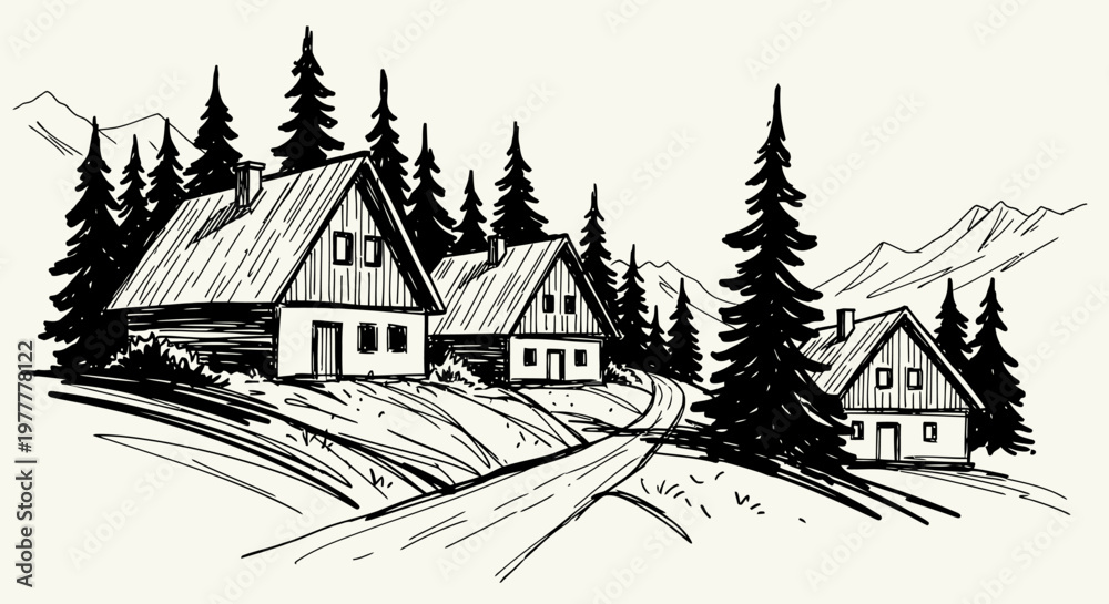 Naklejka premium An ink sketch vector illustration of rustic houses on a snowy hill surrounded by evergreen trees and mountains.
