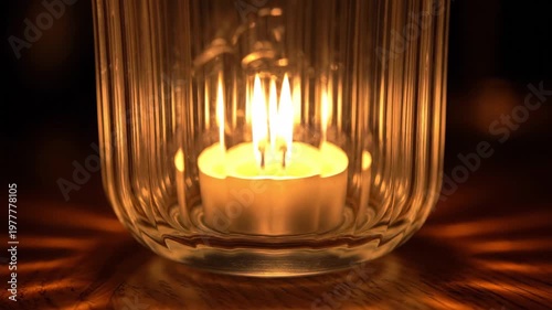 Closeup of Flickering Candle Flame Inside Glass Holder