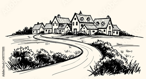 Ink sketch vector illustration of a winding road leading to houses on a hill.