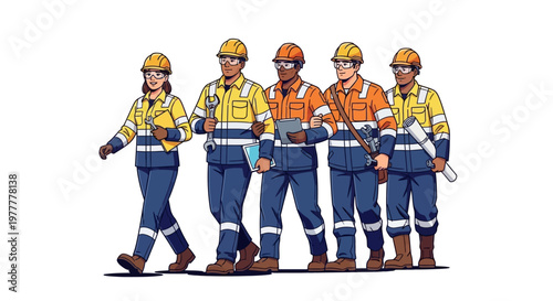 Construction workers in safety gear walking.