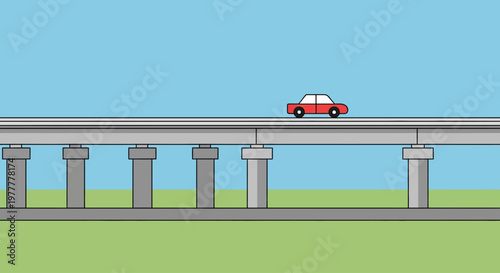 Red Car Driving on Highway Bridge.