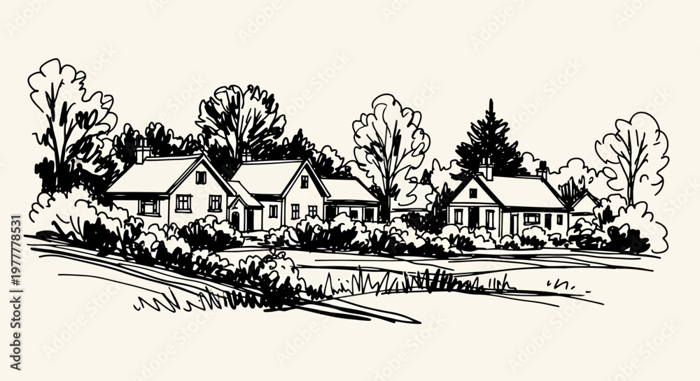 Obraz premium A serene ink sketch vector illustration of houses surrounded by trees and grassy areas in a natural landscape