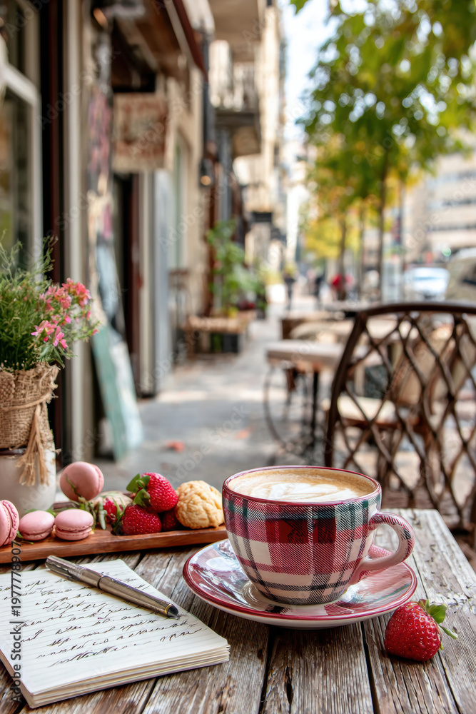 Fototapeta premium Spring Summer outdoor leisure relaxation activity. A vivid outdoor scene depicts a cozy cafe setting. A cup of cappuccino with frothy foam sits on a wooden table.