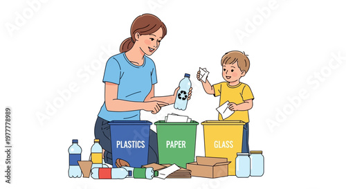 Mother and child learn recycling, carefully sorting plastics, paper, and glass into bins, nurturing eco-friendly practices for a sustainable future