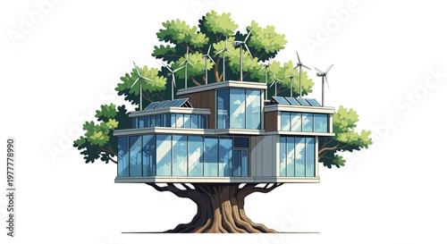 Modern sustainable dwelling nestled in a tree, powered by clean solar and wind energy, embodying eco-friendly architecture for a harmonious green future