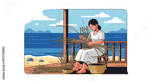 Skilled woman meticulously weaves traditional baskets from natural fibers on a serene coastal veranda, showcasing ancient craftsmanship by the blue ocean
