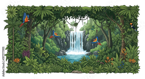 Vibrant illustration of tropical rainforest, featuring majestic waterfall flowing through lush green foliage and exotic birds, evoking serene, untouched wilderness