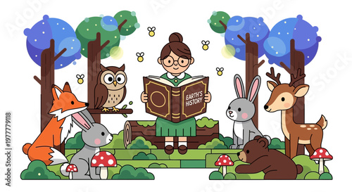 A charming illustration shows a girl reading 'Earth's History' to attentive forest animals in a magical woodland, symbolizing education, imagination, and nature