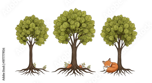 Green trees with exposed roots nurturing plant life and offering peaceful natural shelter for a resting fox, depicting a woodland ecosystem