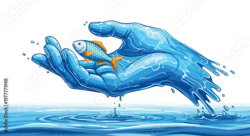 Cupped water hands cradle a tiny vibrant fish, symbolizing essential life support, aquatic conservation, environmental protection, and the precious balance of nature in a sustainable world