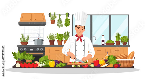 Professional male chef meticulously prepares a vibrant assortment of fresh, healthy vegetables on a cutting board in a modern kitchen setting, demonstrating culinary skill for a delicious meal