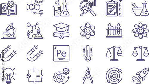 A comprehensive set of modern line icons representing various scientific disciplines, education, and academic concepts.